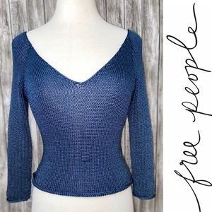 FREE PEOPLE Women’s Blue Shimmer Knit V Neck Pullover Sweater Size Small